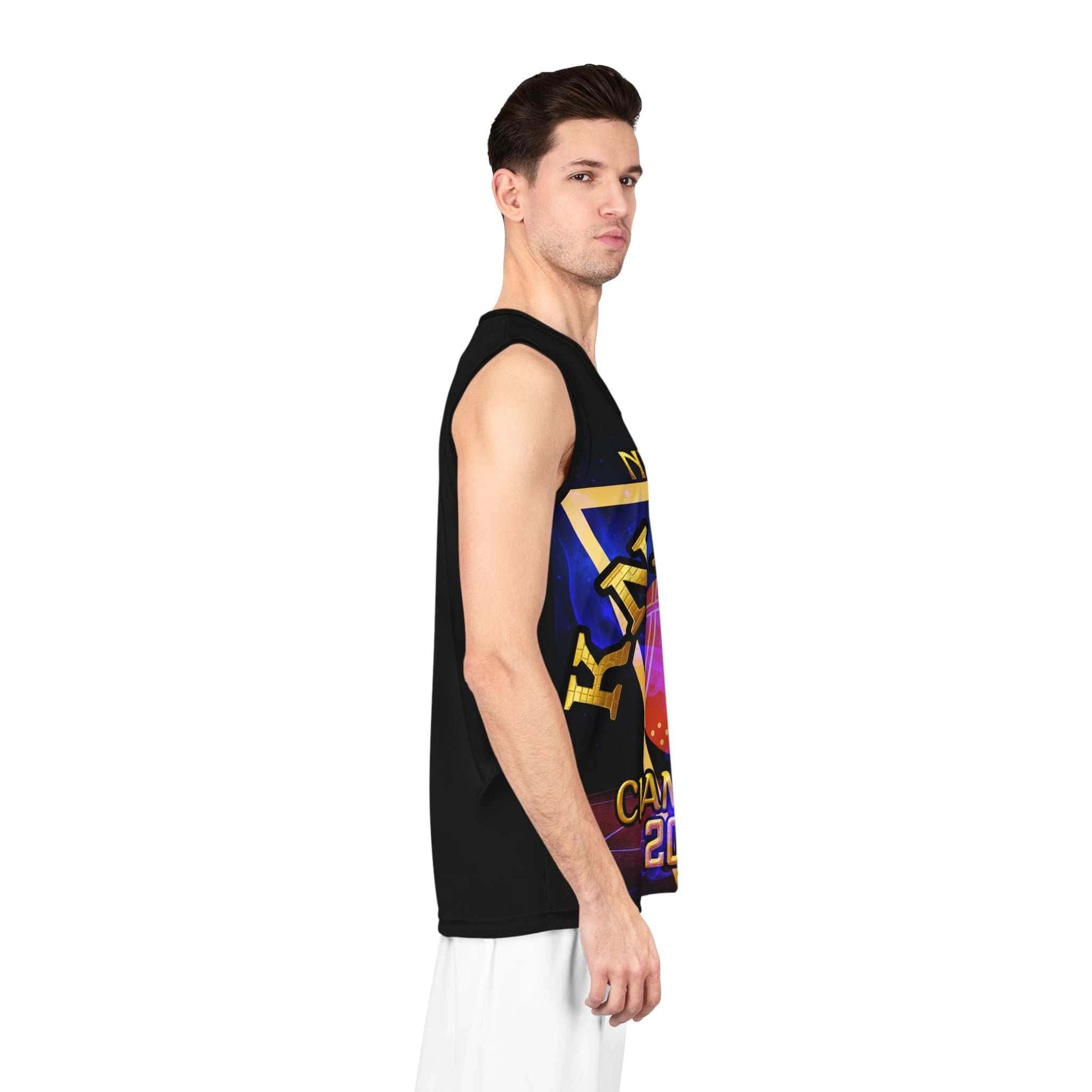 New York Knicks Miami edition champion basketball jersey in gold, orange, and blue with all-over print and lightweight fabric