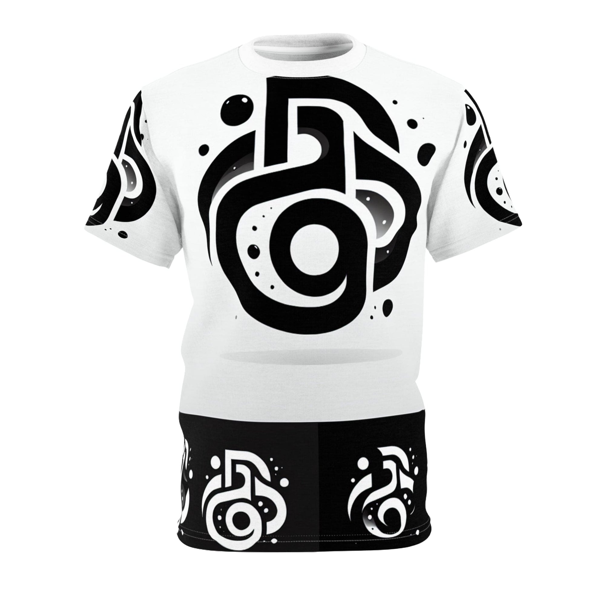 White t-shirt with black abstract patterns on a white background