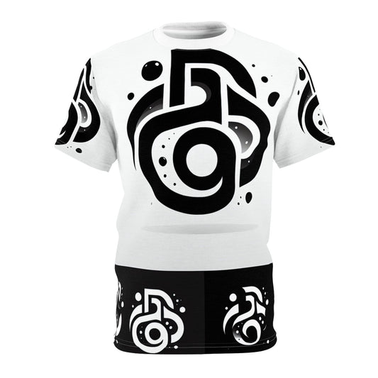 White t-shirt with black abstract patterns on a white background