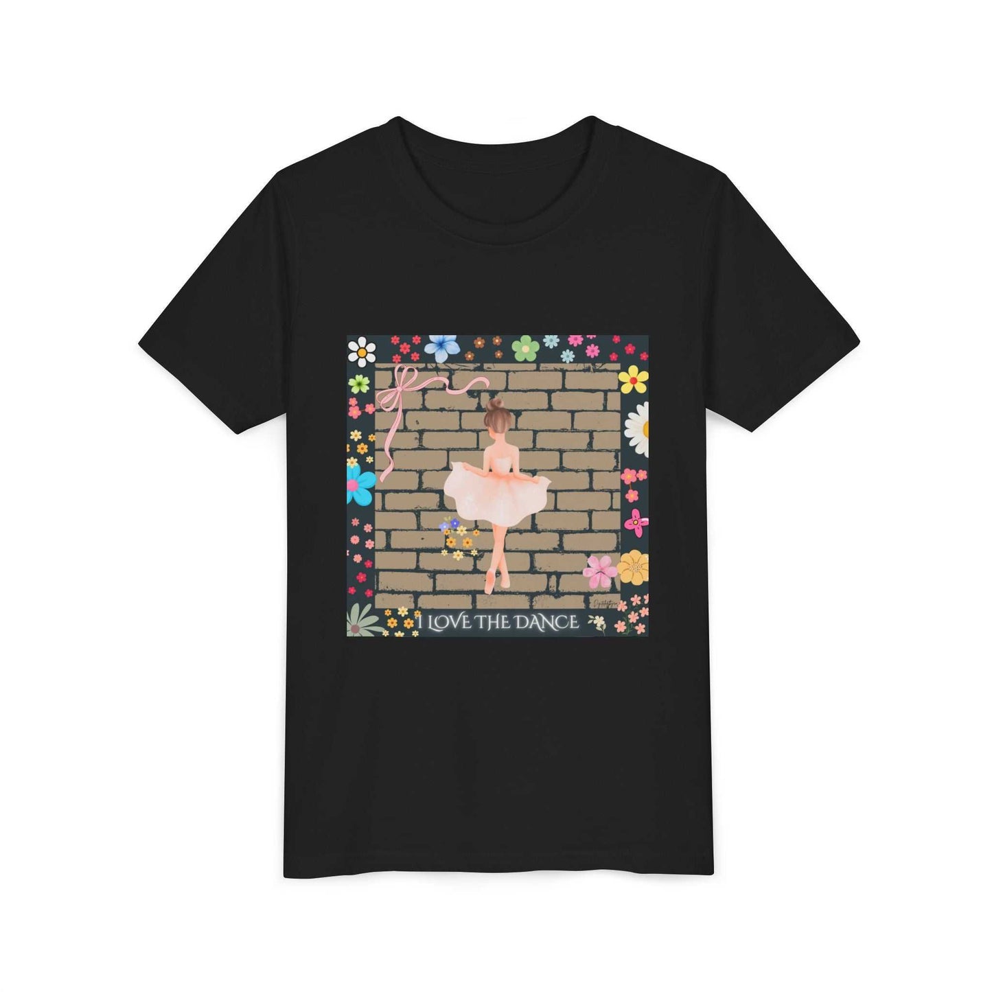 Youth ballet dancer tee with floral border, soft cotton fabric, and whispered first bow design