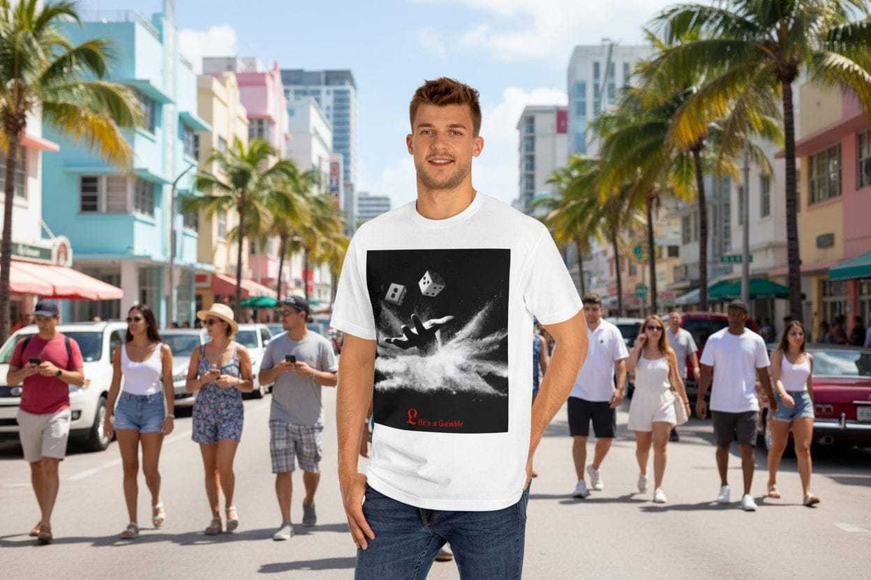 Graphic T-Shirt— Hand of Dust Rolling Dice Graphic T-Shirt person wearing white Life's a Gamble Dice Tee  —  Hand of Dust Rolling Dice Graphic T-Shirt with a graphic design on a white background