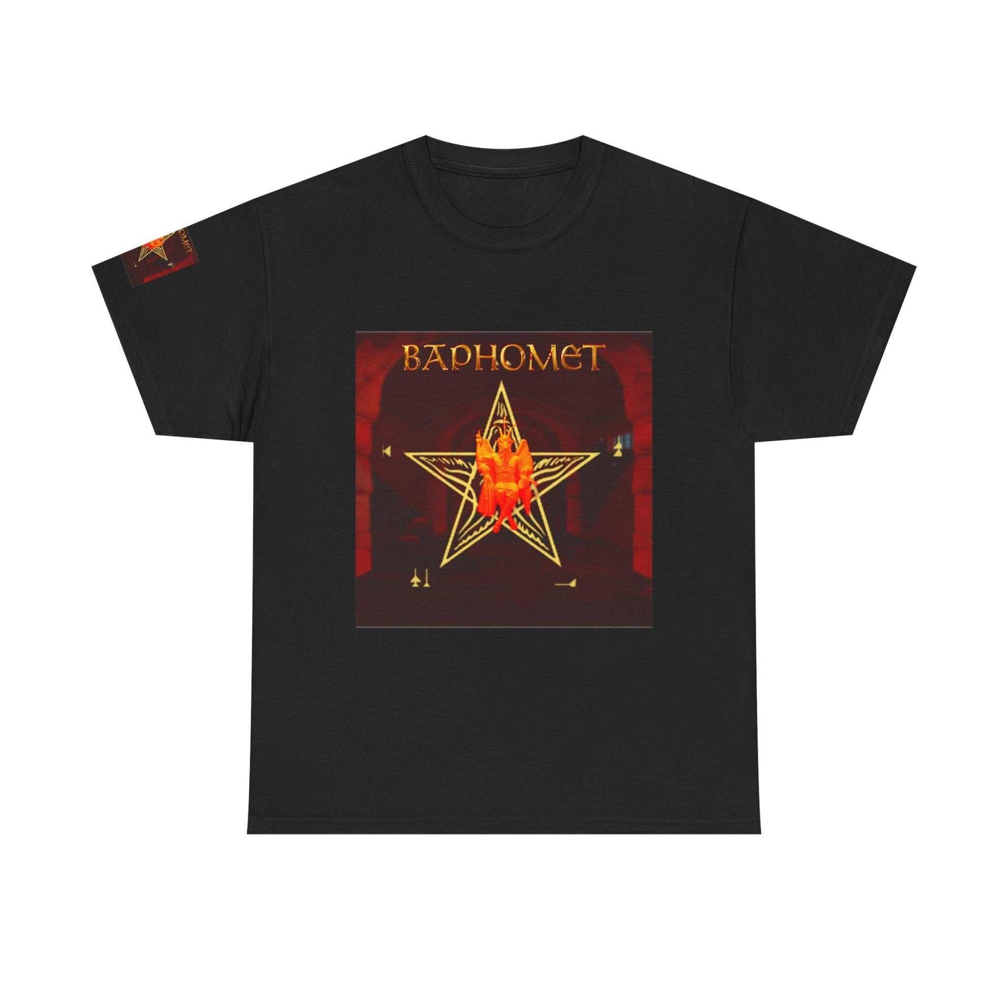 Red-to-black Baphomet Pentagram Tee with inverted pentagram graphic on cotton fabric