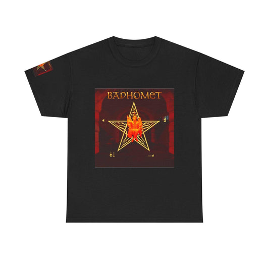 Red-to-black Baphomet Pentagram Tee with inverted pentagram graphic on cotton fabric