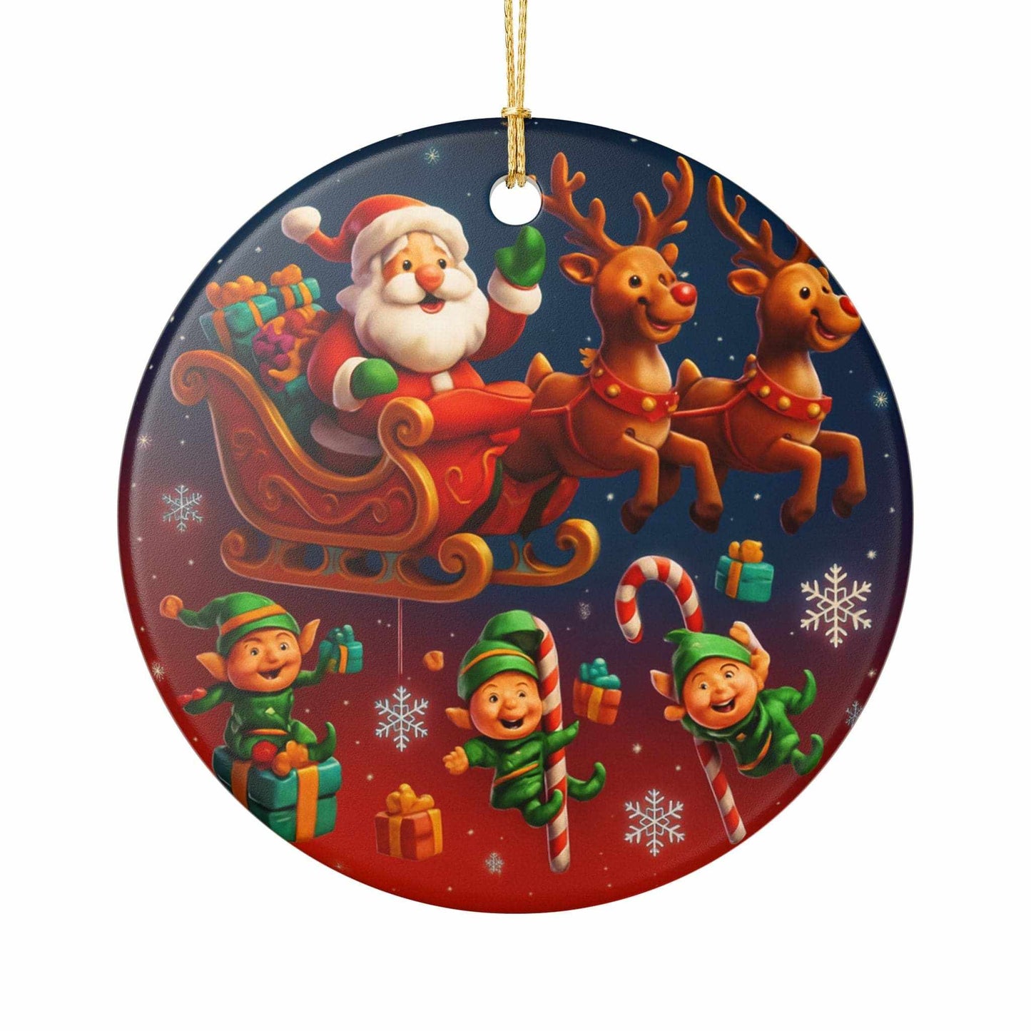 Santa Sleigh Ceramic Ornament with colorful reindeer and elves holiday decoration on glossy white ceramic