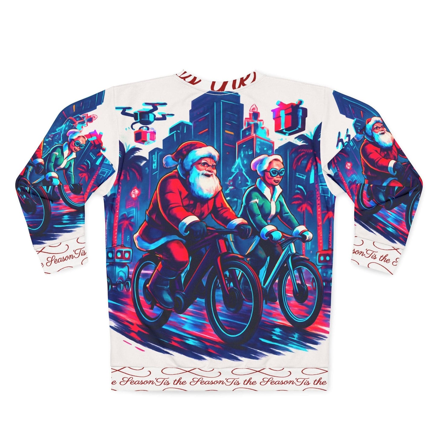Christmas in Miami Unisex Sweatshirt - Mr & Mrs Clause Riding E-Bikes and Reindeer Walking in City