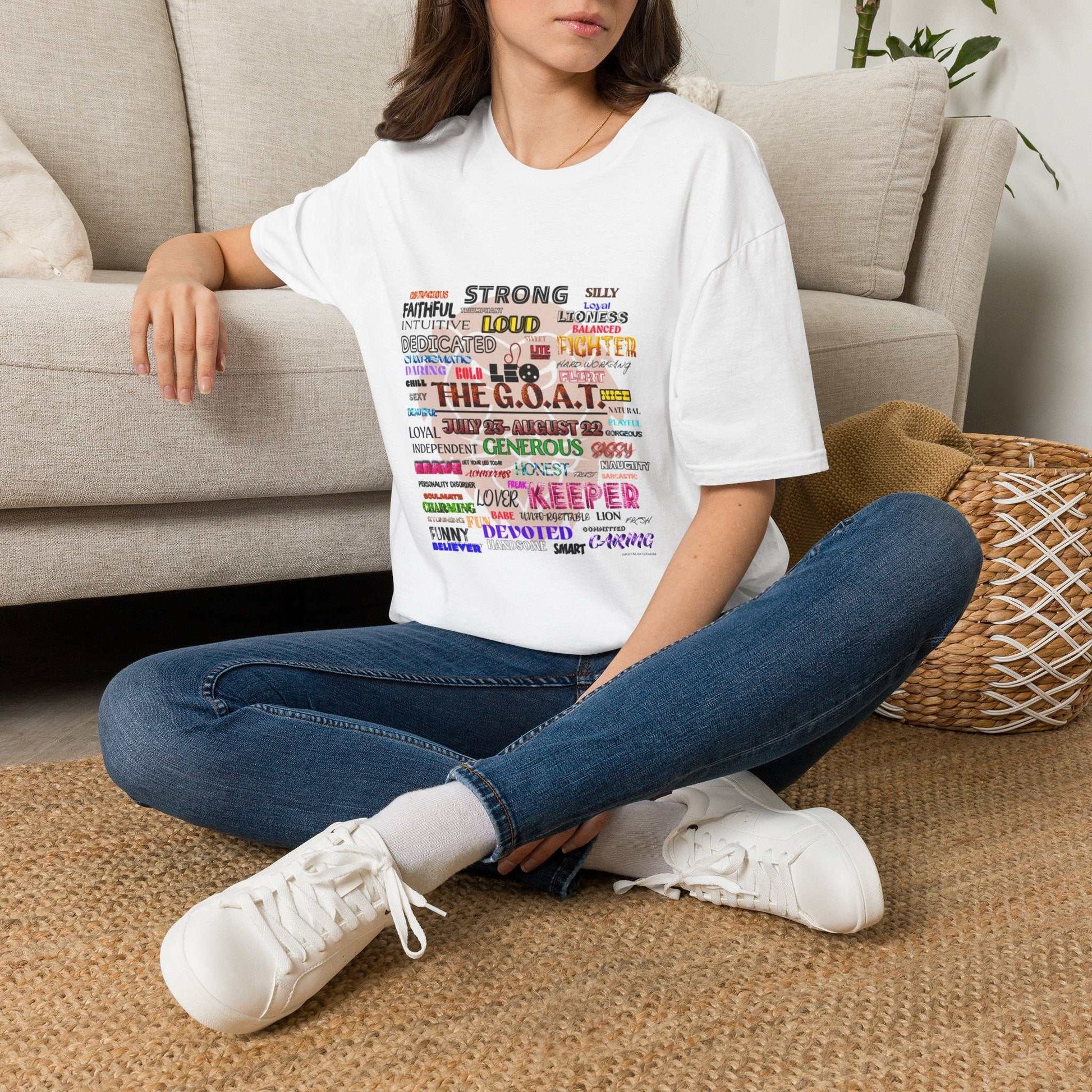 The G.O.A.T. Word Cloud T-Shirt with colorful word cloud design on soft, lightweight cotton tee