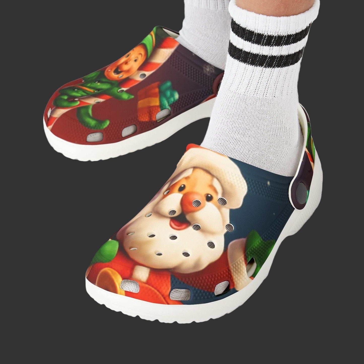 Kids Santa & Elf foam clogs with festive EVA design and cushioned footbed for kids' comfort