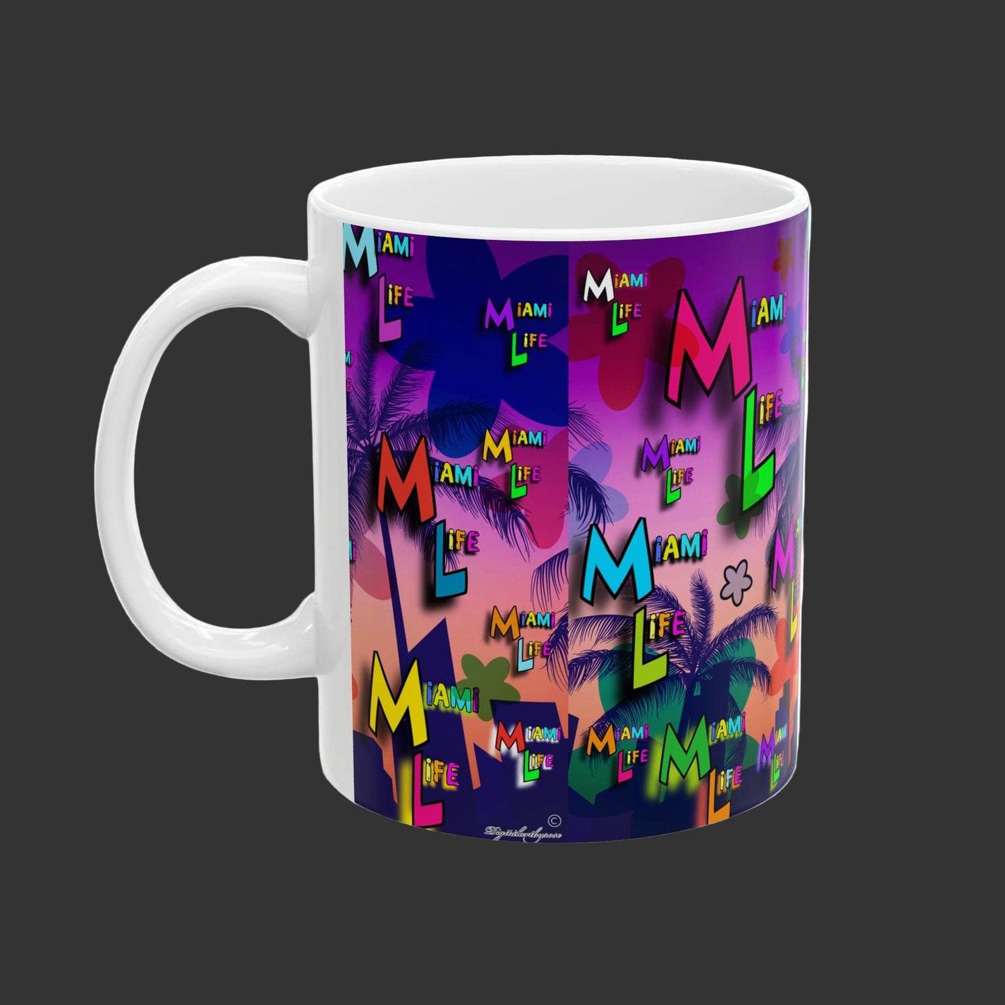 Mug with colorful 'Miami Life' design on a white background