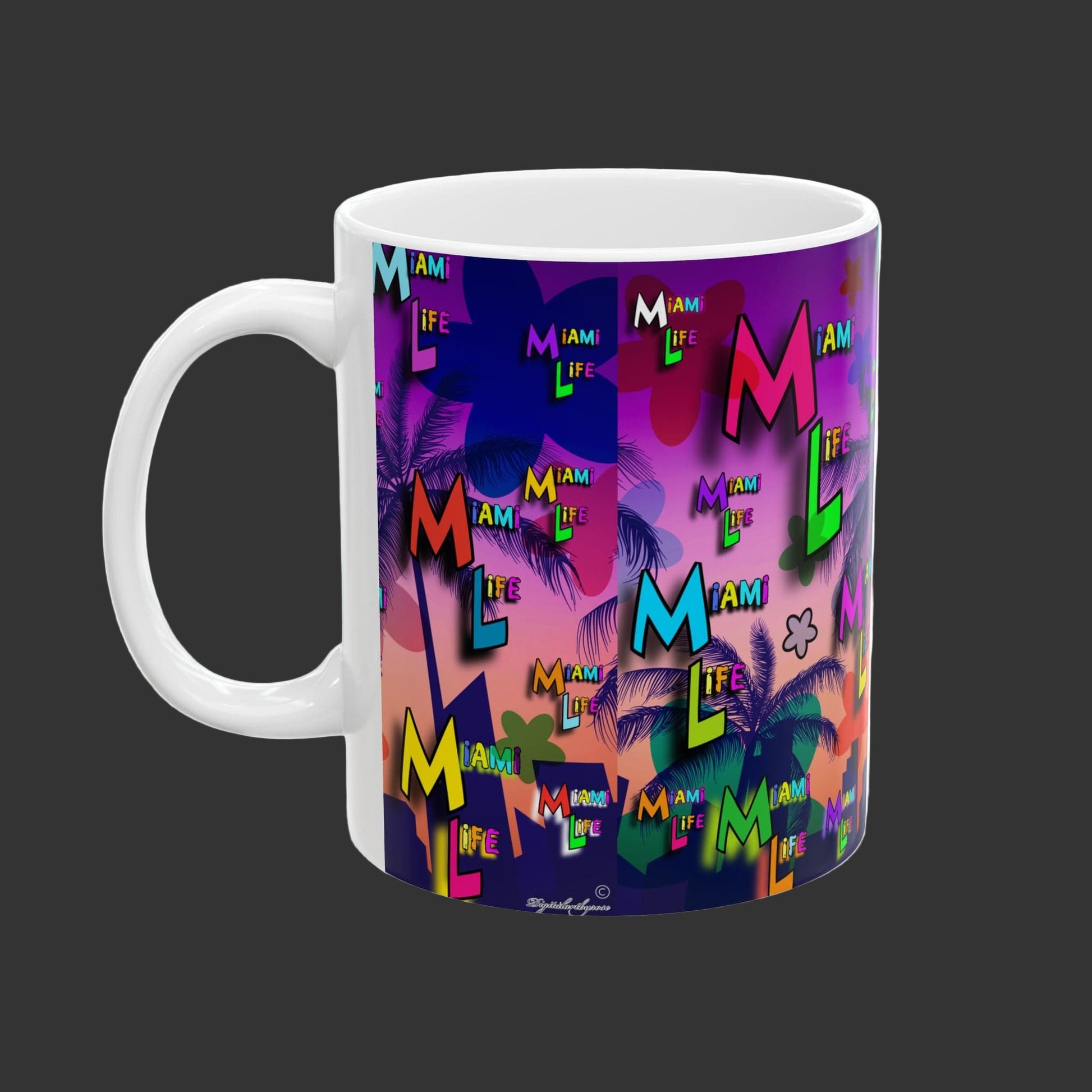 Mug with colorful 'Miami Life' design on a white background