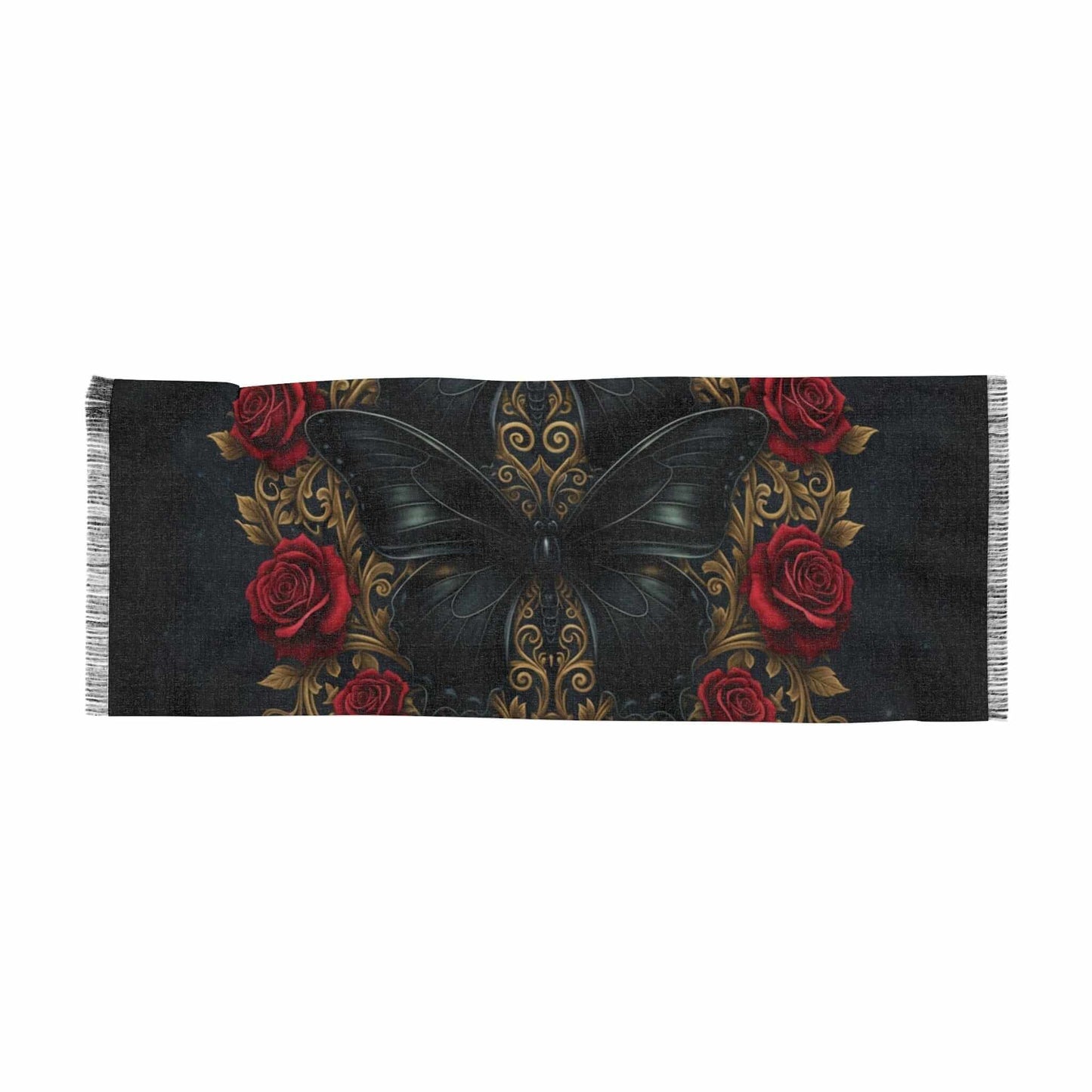 Gothic Rose & Gold-Accented Butterfly Light Scarf with black fabric, gold-edged rose petals, and a velvet black butterfly design