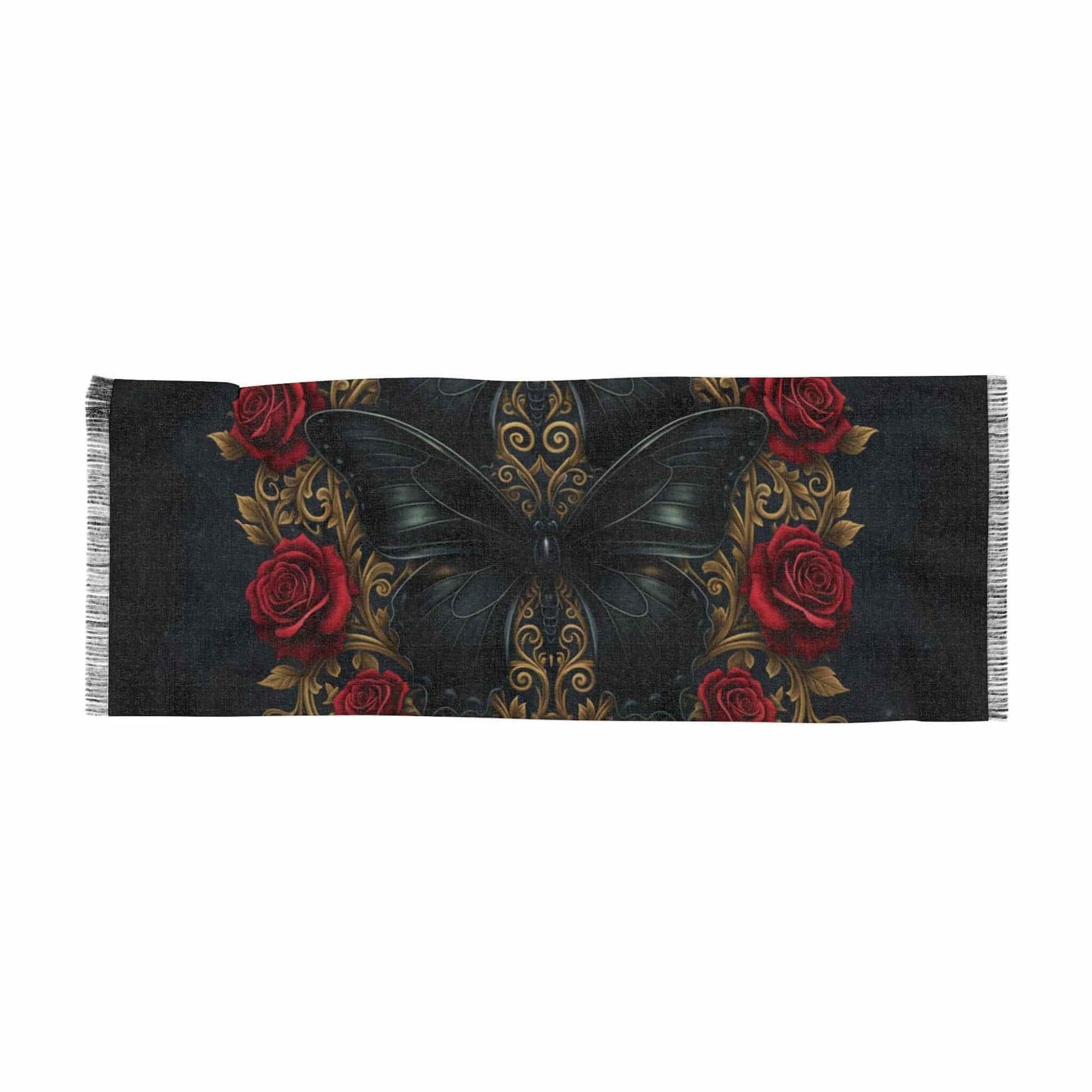 Gothic Rose & Gold-Accented Butterfly Light Scarf with black fabric, gold-edged rose petals, and a velvet black butterfly design