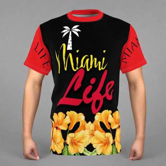 T-shirt with 'Miami Life' text and palm tree design on a black background with yellow flowers.