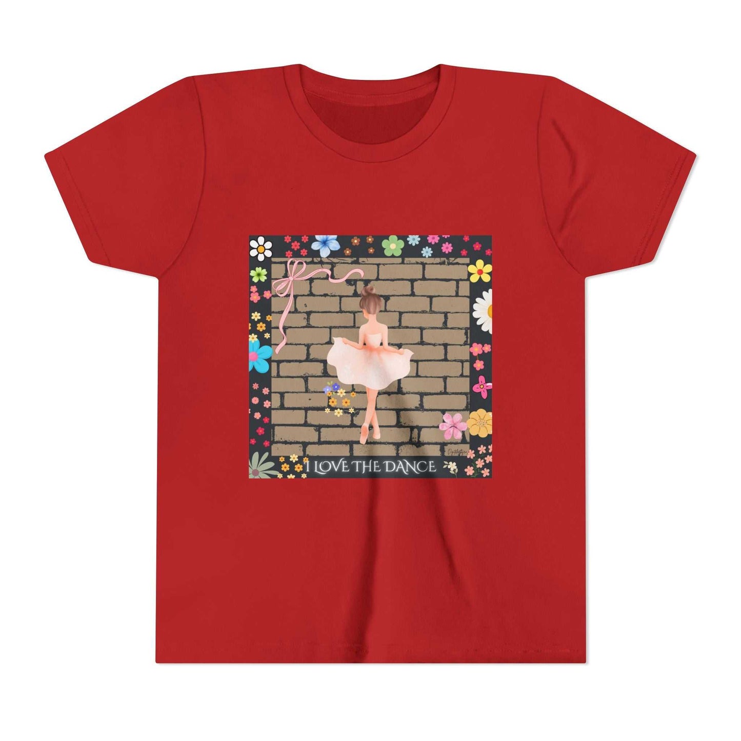 Youth tee with delicate ballerina and floral border, soft cotton, light as a whispered first bow