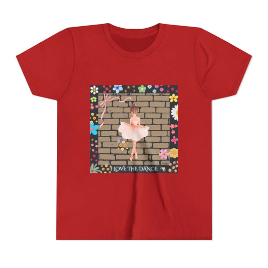 Youth tee with delicate ballerina and floral border, soft cotton, light as a whispered first bow
