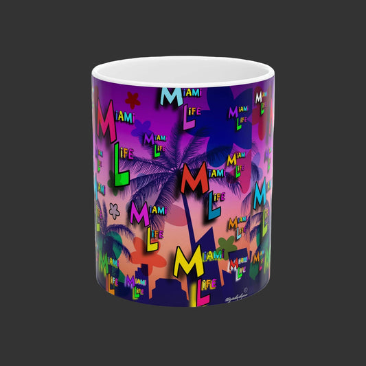 Mug with colorful 'Miami Life' design on a white background