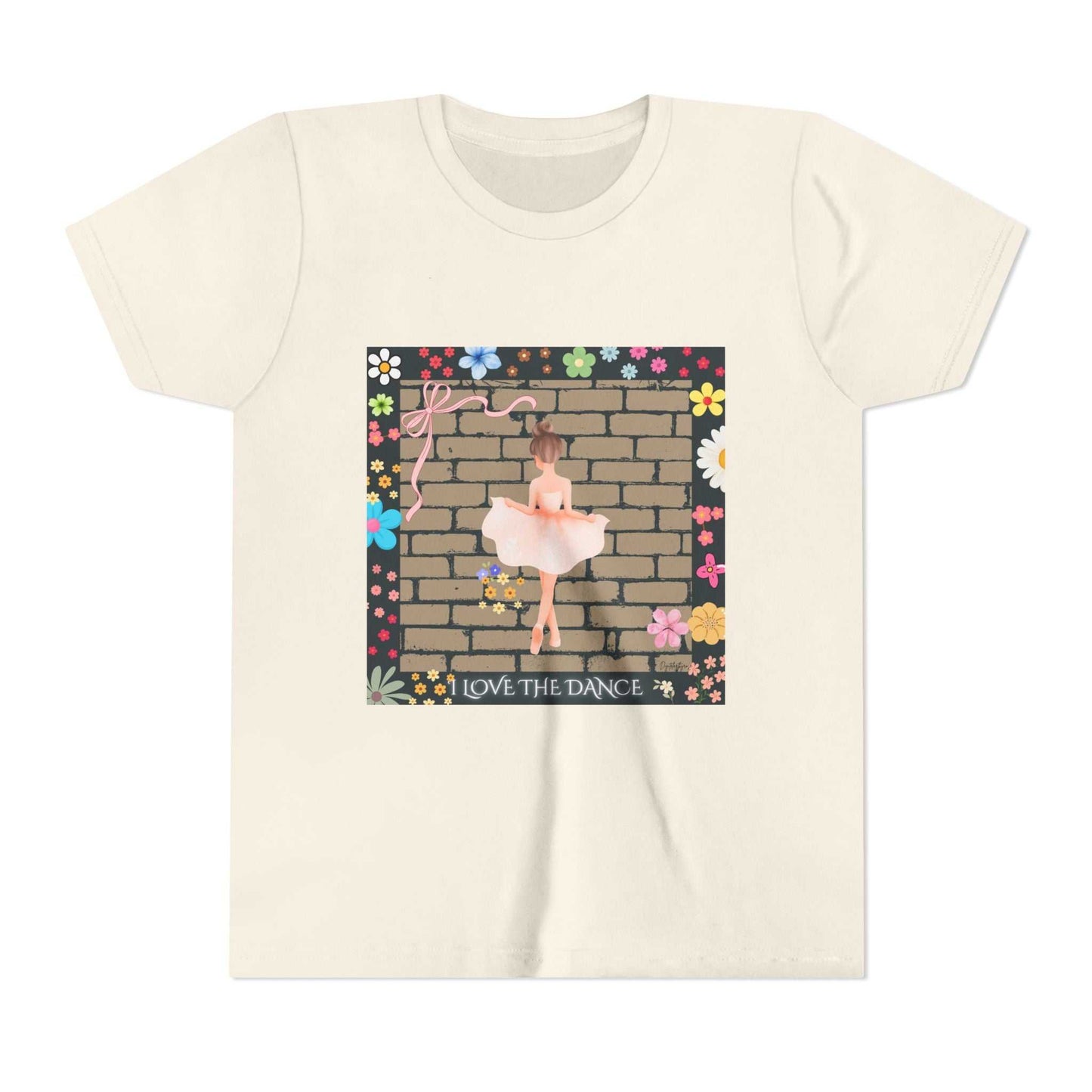 Youth ballet tee with delicate ballerina and floral border, soft cotton, light as a whispered first bow