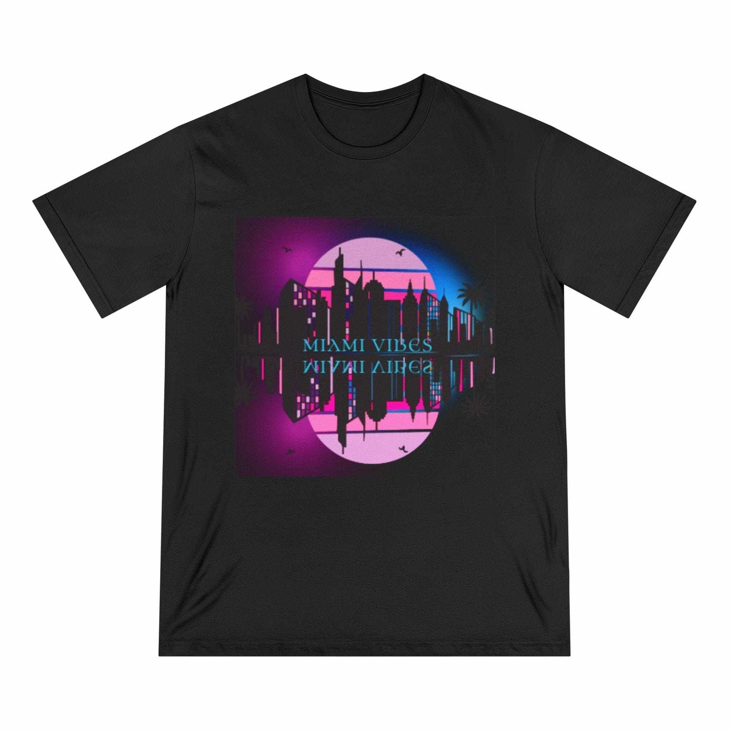 Retro Cyber City T-Shirt with neon sunset graphic on organic cotton fabric