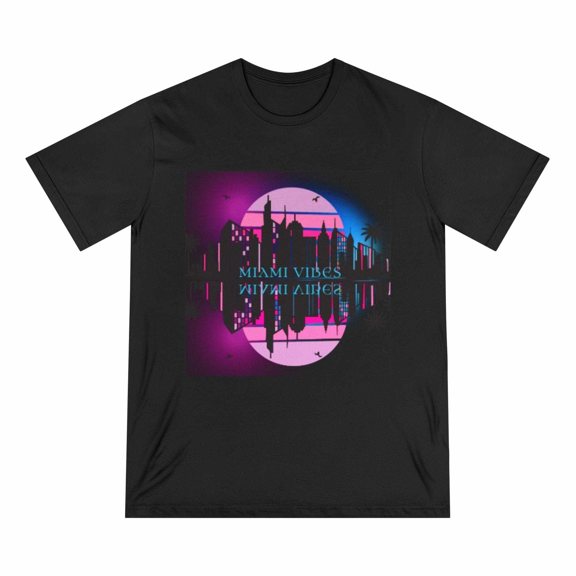 Retro Cyber City T-Shirt with neon sunset graphic on organic cotton fabric