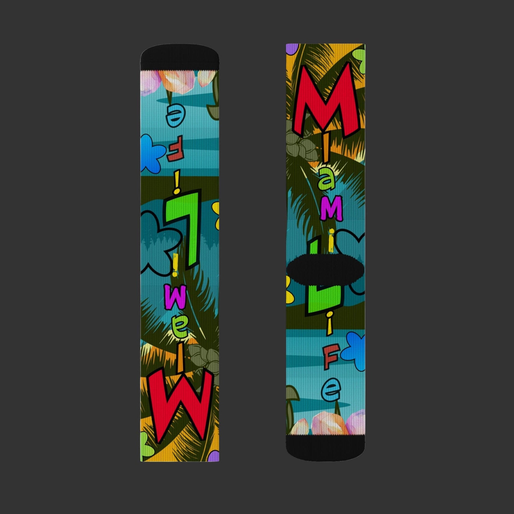 Colorful socks with abstract designs and text on a white background