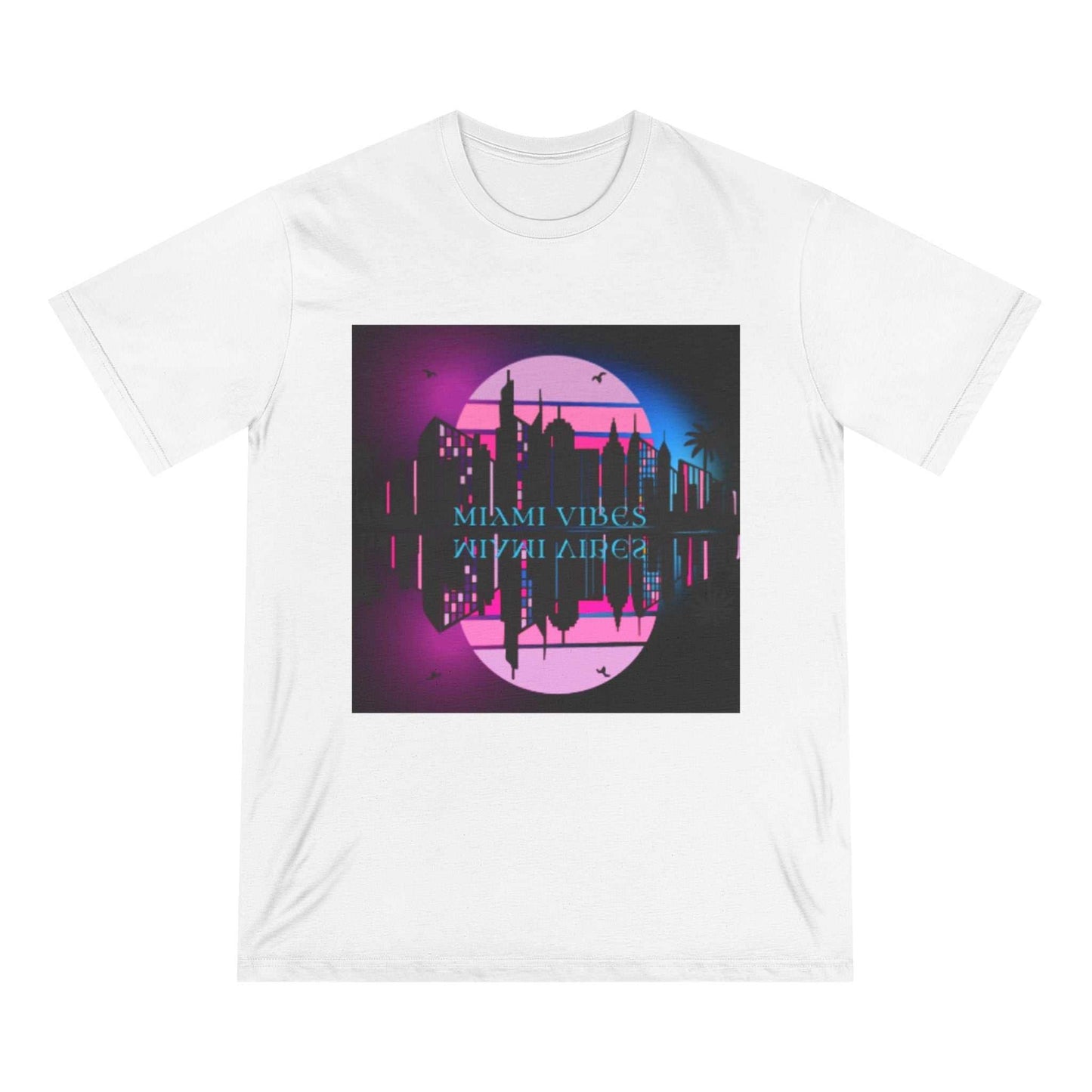 Retro Cyber City T-Shirt with neon sunset skyline graphic on organic cotton fabric