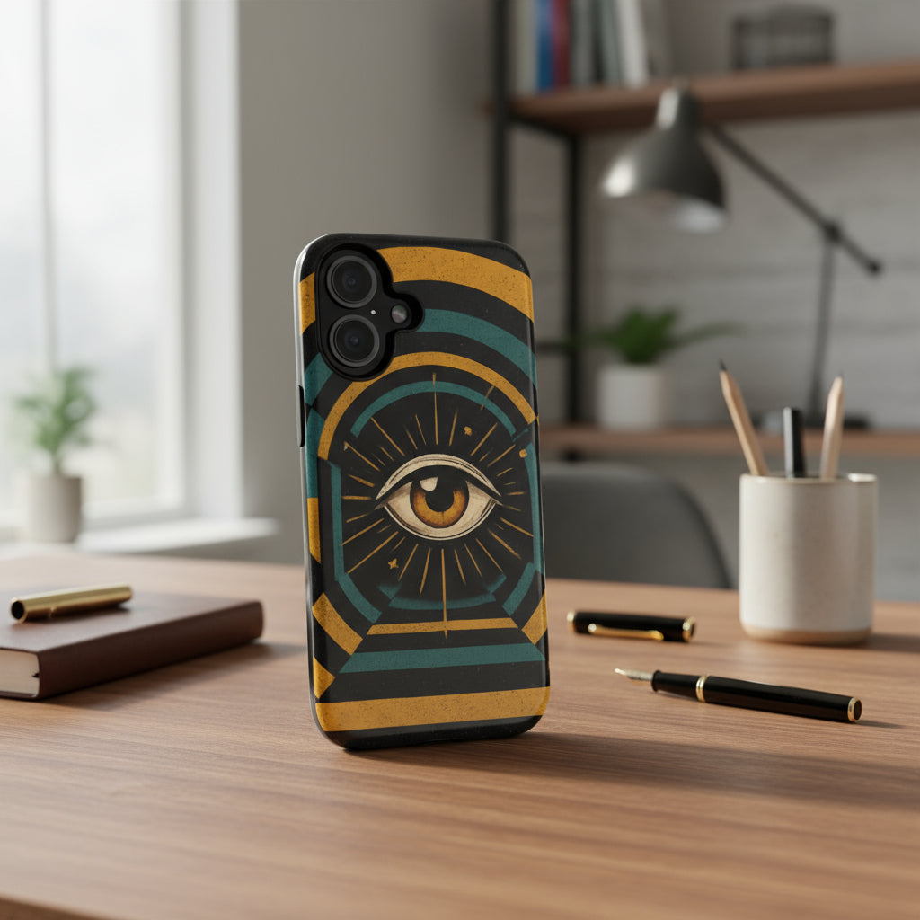 Phone case with eye design on a white background
