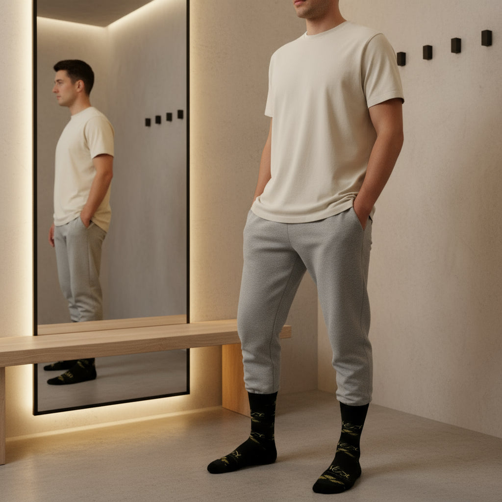 Black socks with yellow patterns on a white background