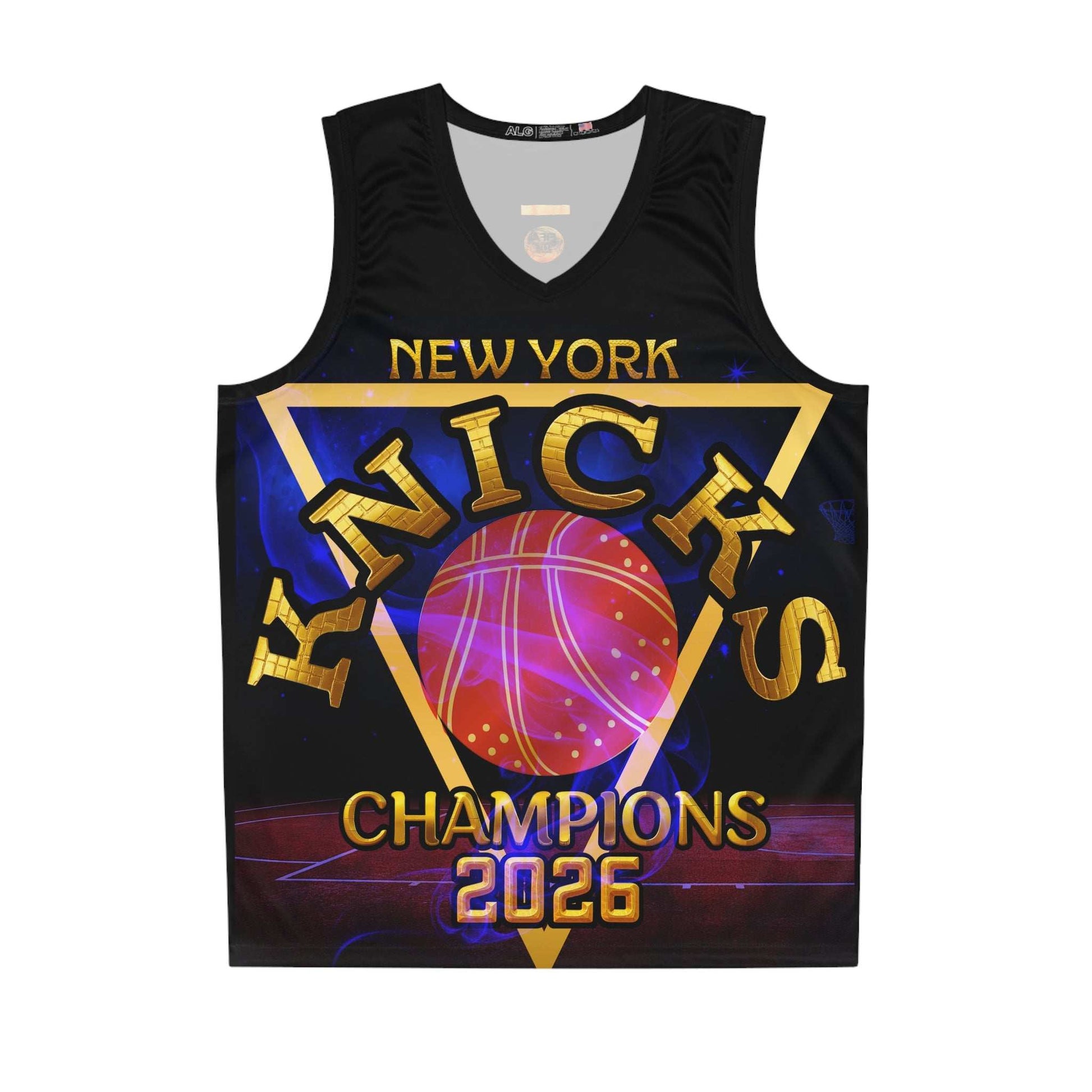 New York Knicks Miami Edition gold orange blue basketball jersey with all-over print and lightweight fabric