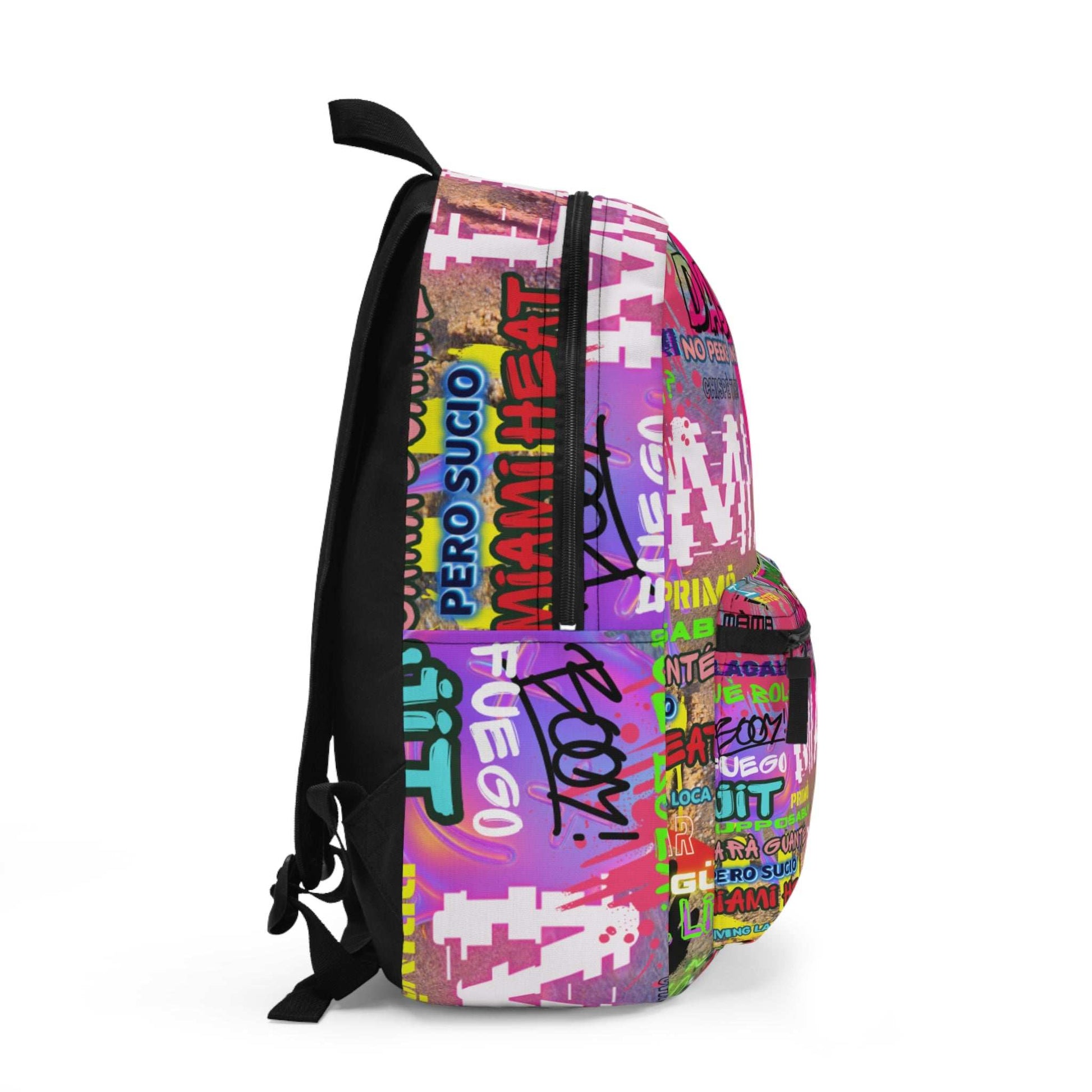 Miami Vibes Graphic Backpack with neon graffiti street art design and padded straps