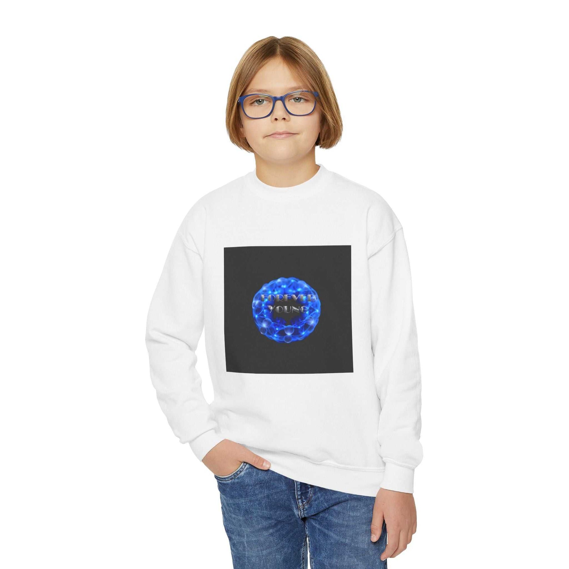 Black FOREVER YOUNG sweatshirt with blue kaleidoscope design and liquid mercury font on chest