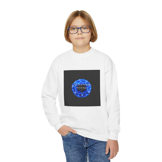 Black FOREVER YOUNG sweatshirt with blue kaleidoscope design and liquid mercury font on chest