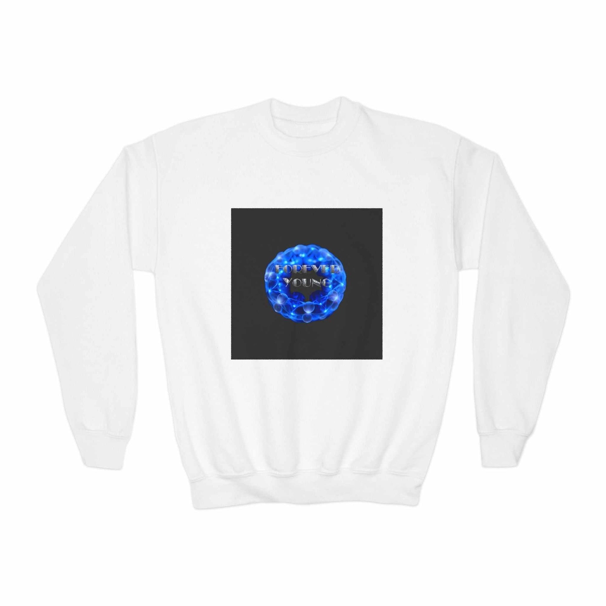Black FOREVER YOUNG crewneck sweatshirt with blue kaleidoscope design and liquid-mercury font on front