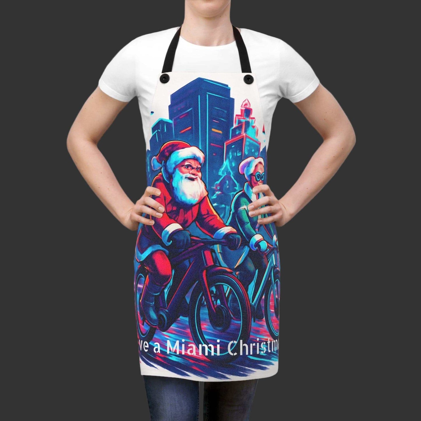 Christmas apron with neon Miami skyline and Santa biking design