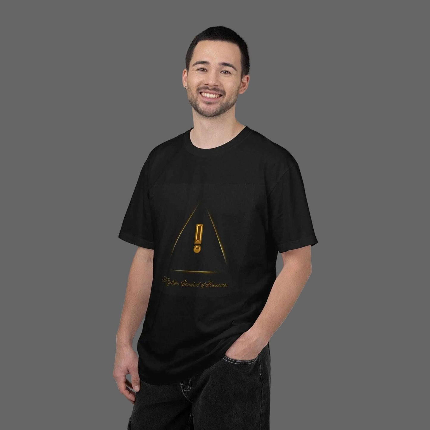 Man wearing a black t-shirt with a yellow triangle design on a white background