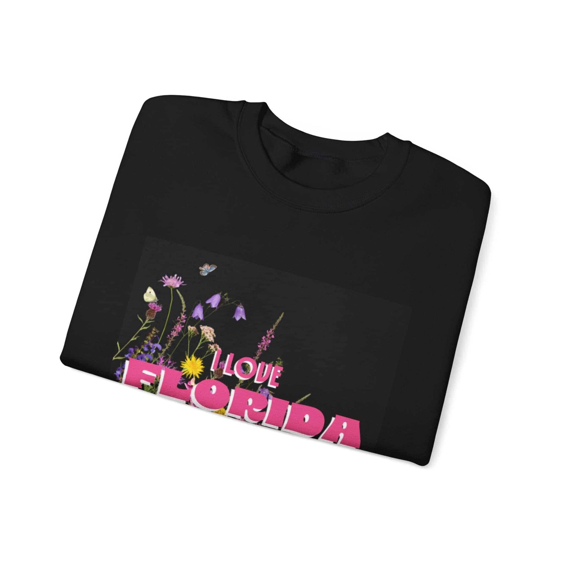 Black crewneck sweatshirt with I Love Florida pink lettering and floral design
