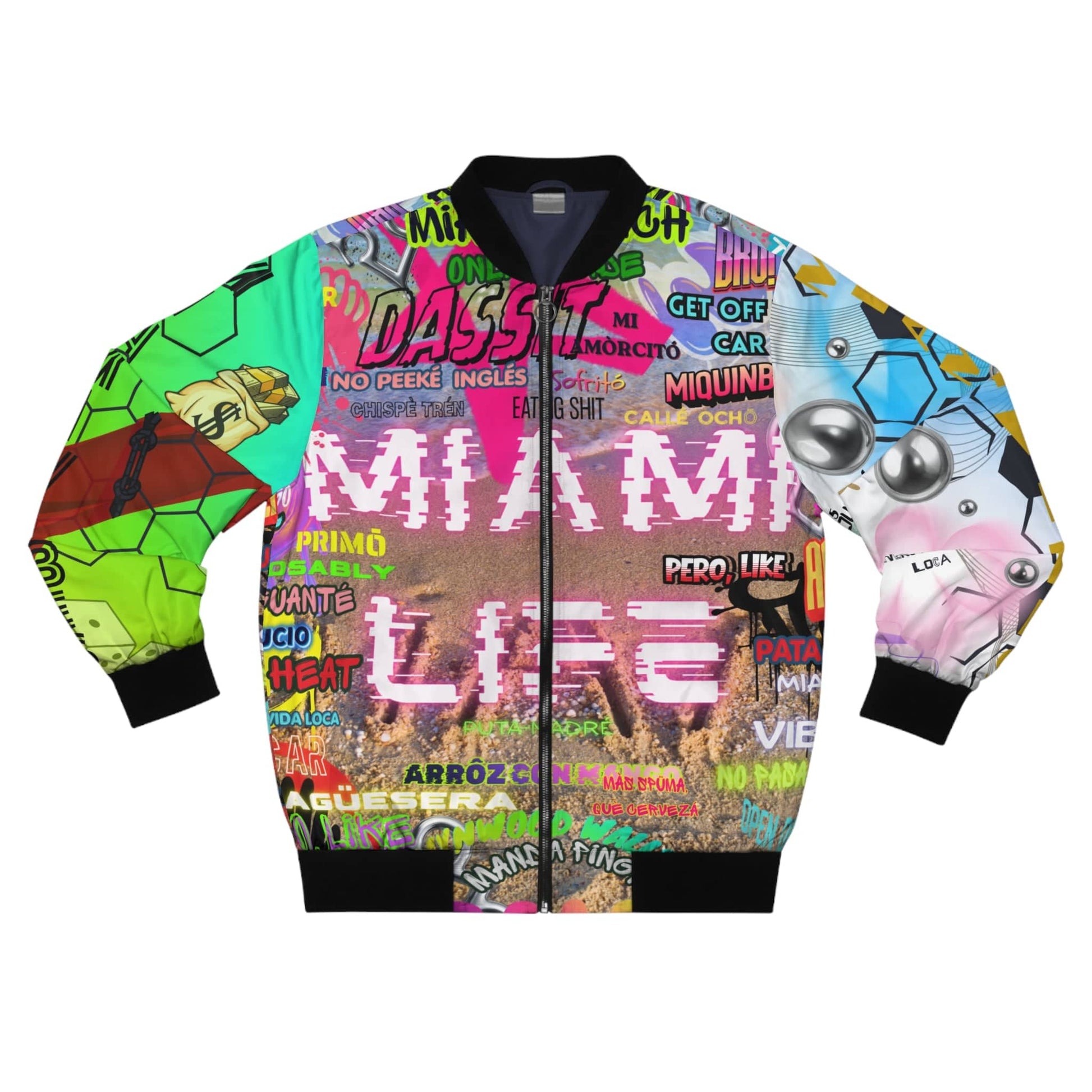 Miami Slang neon bomber jacket with vibrant graffiti and sticker collage design, black rib-knit collar, cuffs, hem, and metal zippers.