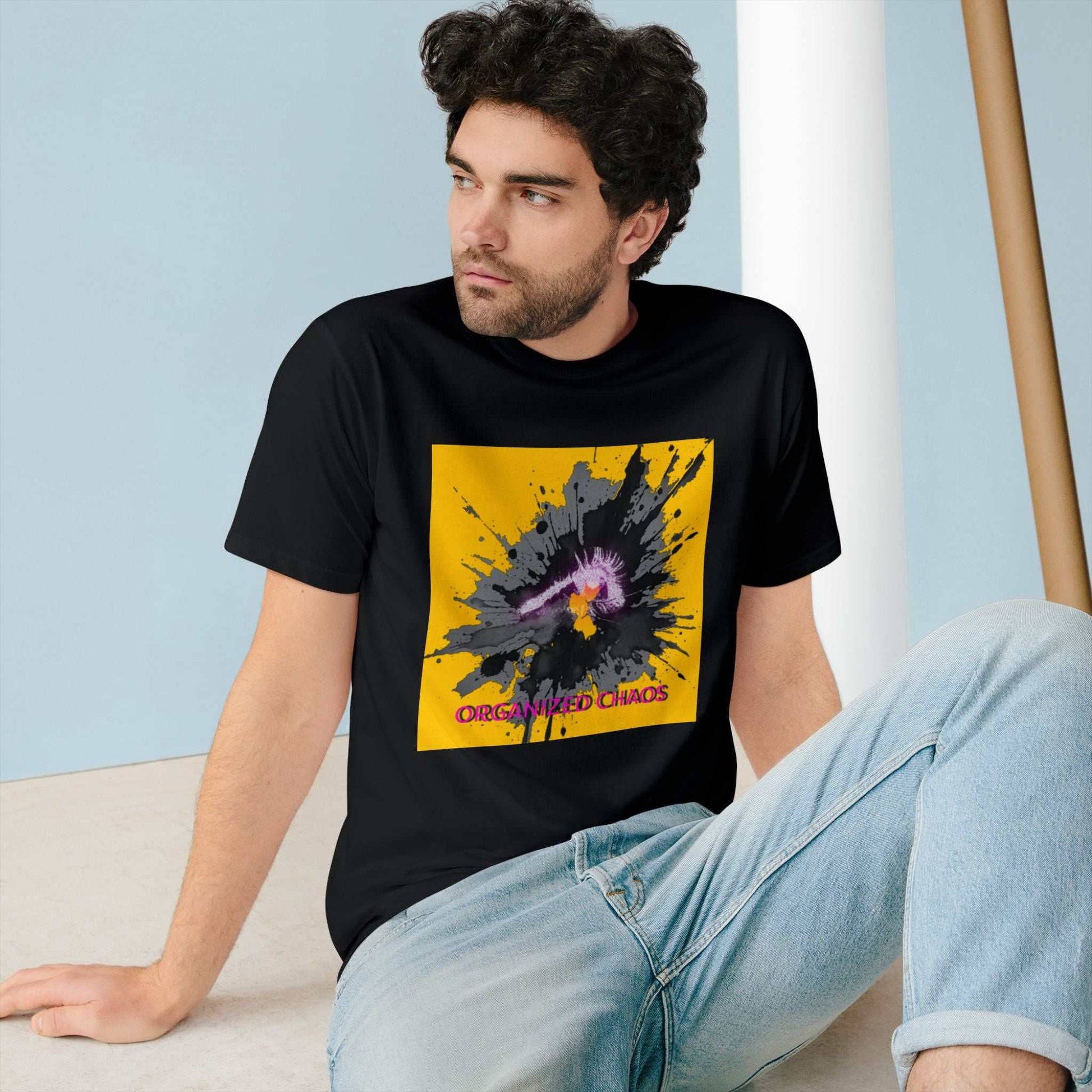 Pop art eye silhouette neon purple and pink graphic on yellow organic cotton t-shirt