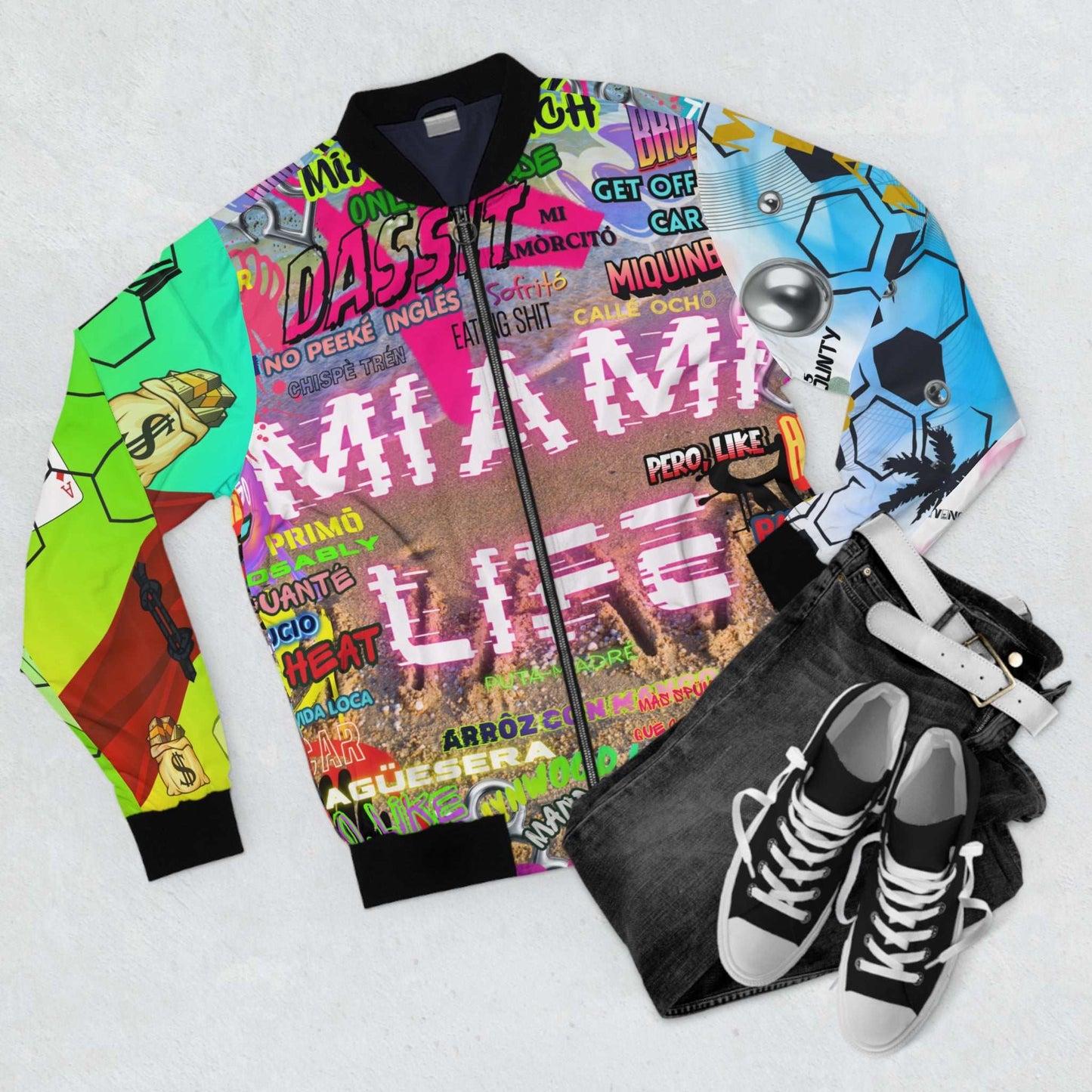 Miami Slang neon bomber jacket with vibrant graffiti collage and black rib-knit trim