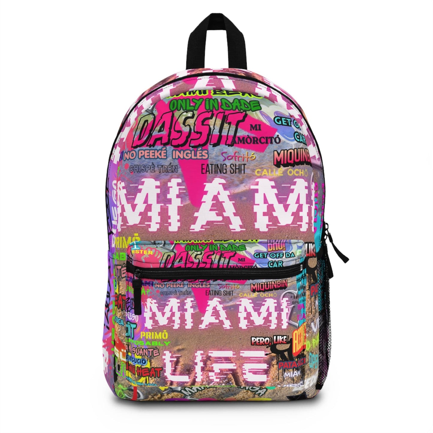 Miami Vibes Graphic Backpack with neon graffiti street art design and padded straps