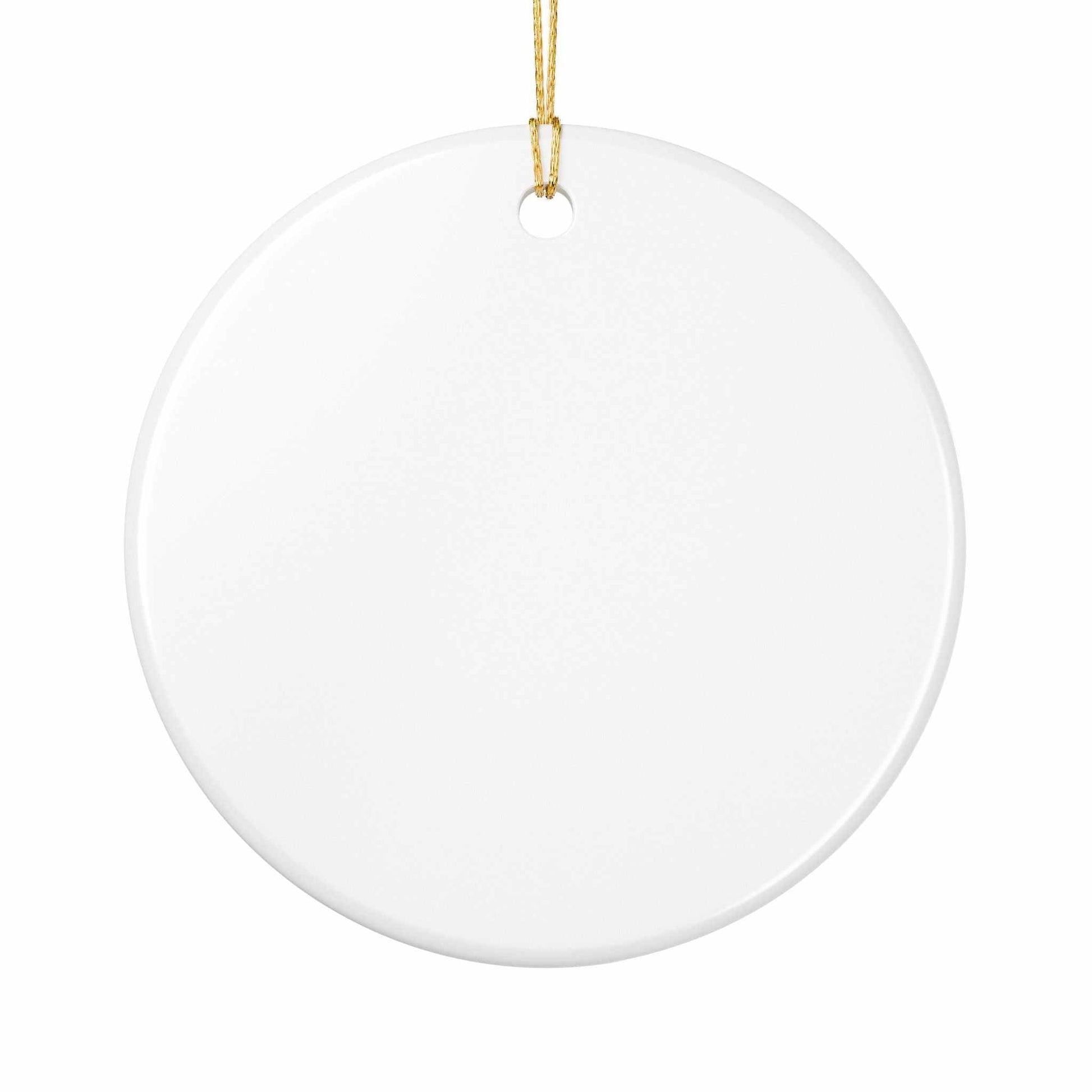 Santa Sleigh Ceramic Ornament with colorful reindeer and elves in glossy white ceramic design