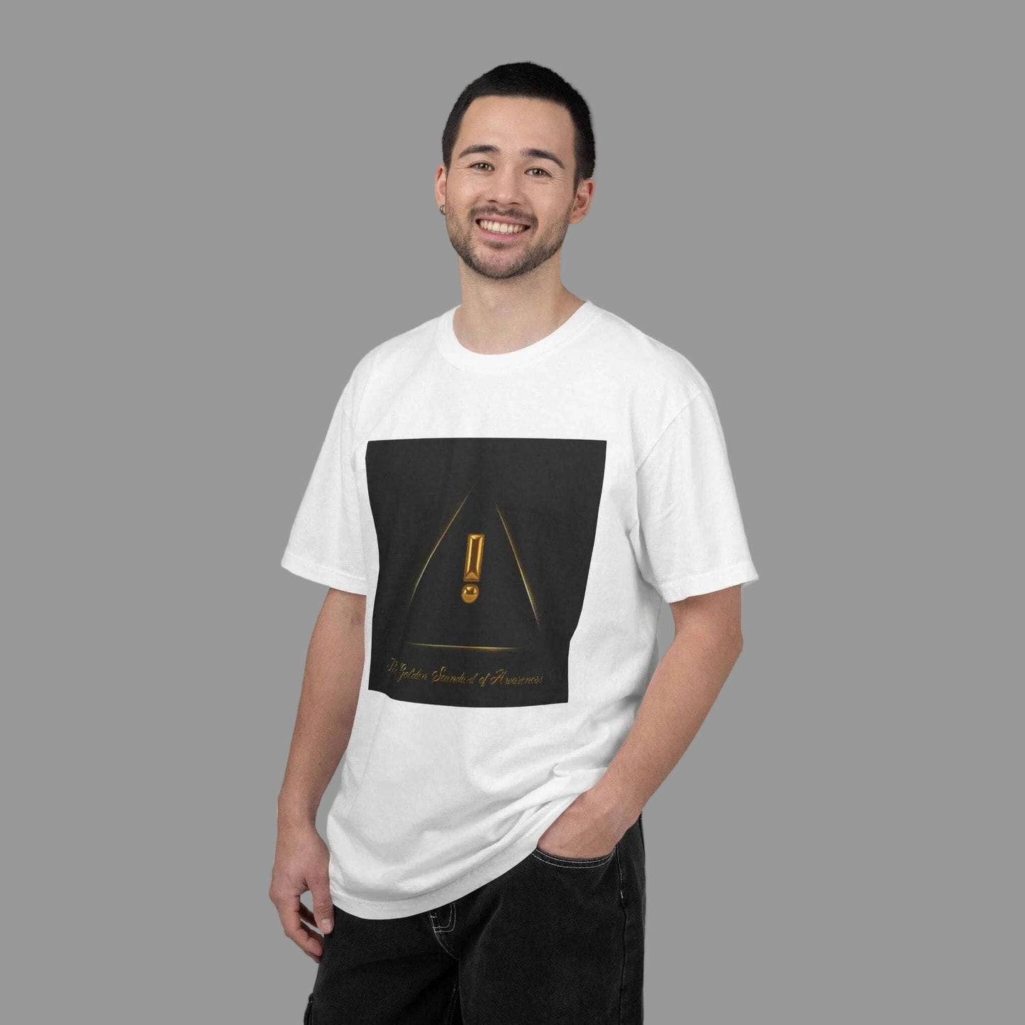 Man wearing a white t-shirt with a black graphic design on a white background