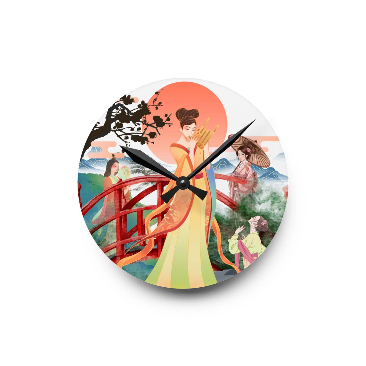 Oriental Garden Acrylic Wall Clock — Asian-Inspired Scenic Art Timepiece