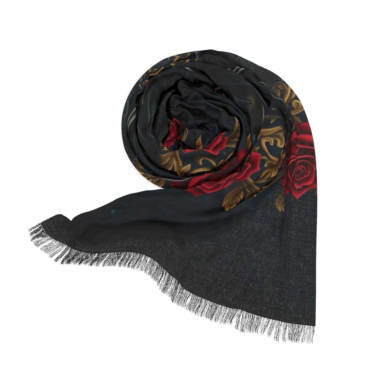 Gothic Rose & Gold-Accented Butterfly Light Scarf with black fabric, red rose, gold details, and butterfly design