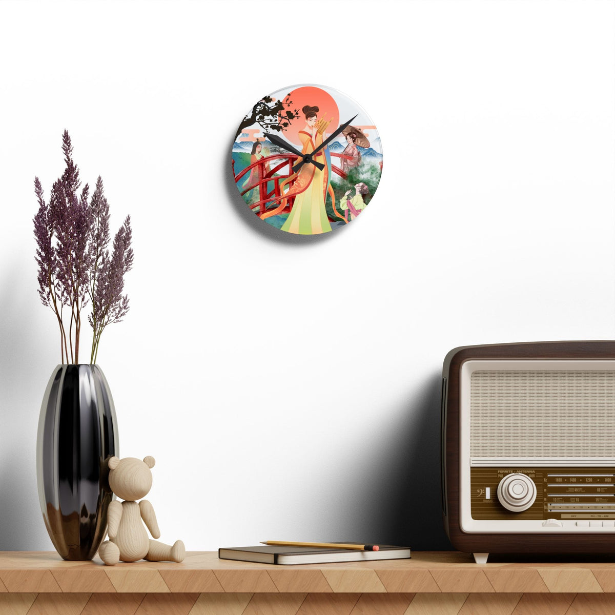 Oriental Garden Acrylic Wall Clock — Asian-Inspired Scenic Art Timepiece