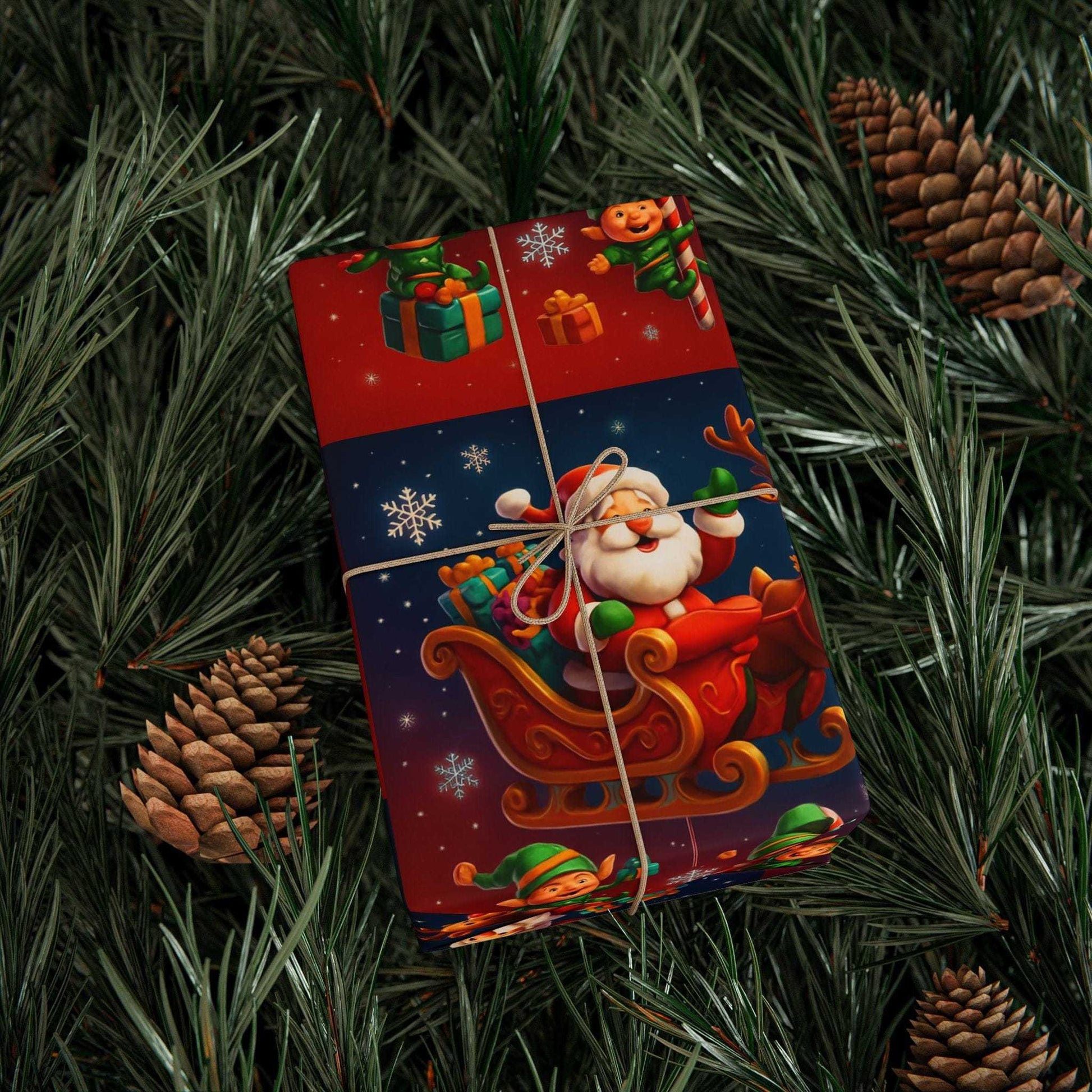 Santa Elves & Reindeer Shower Wrapping Paper, elves, and reindeer festive wrapping paper with dusted rooftops and playful holiday scene