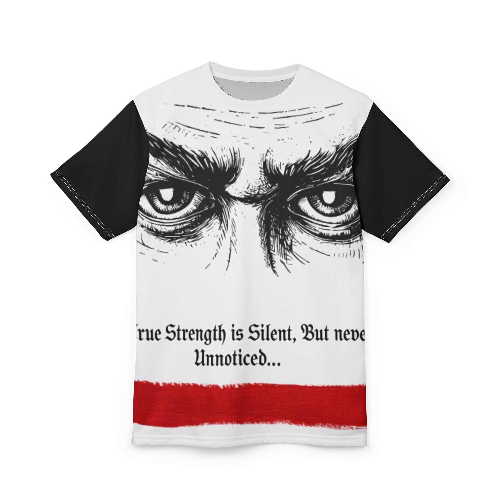 Black and white Eyes & Quote Tee with intense eyes graphic and "True Strength is Silent, But Never Unnoticed" text on chest