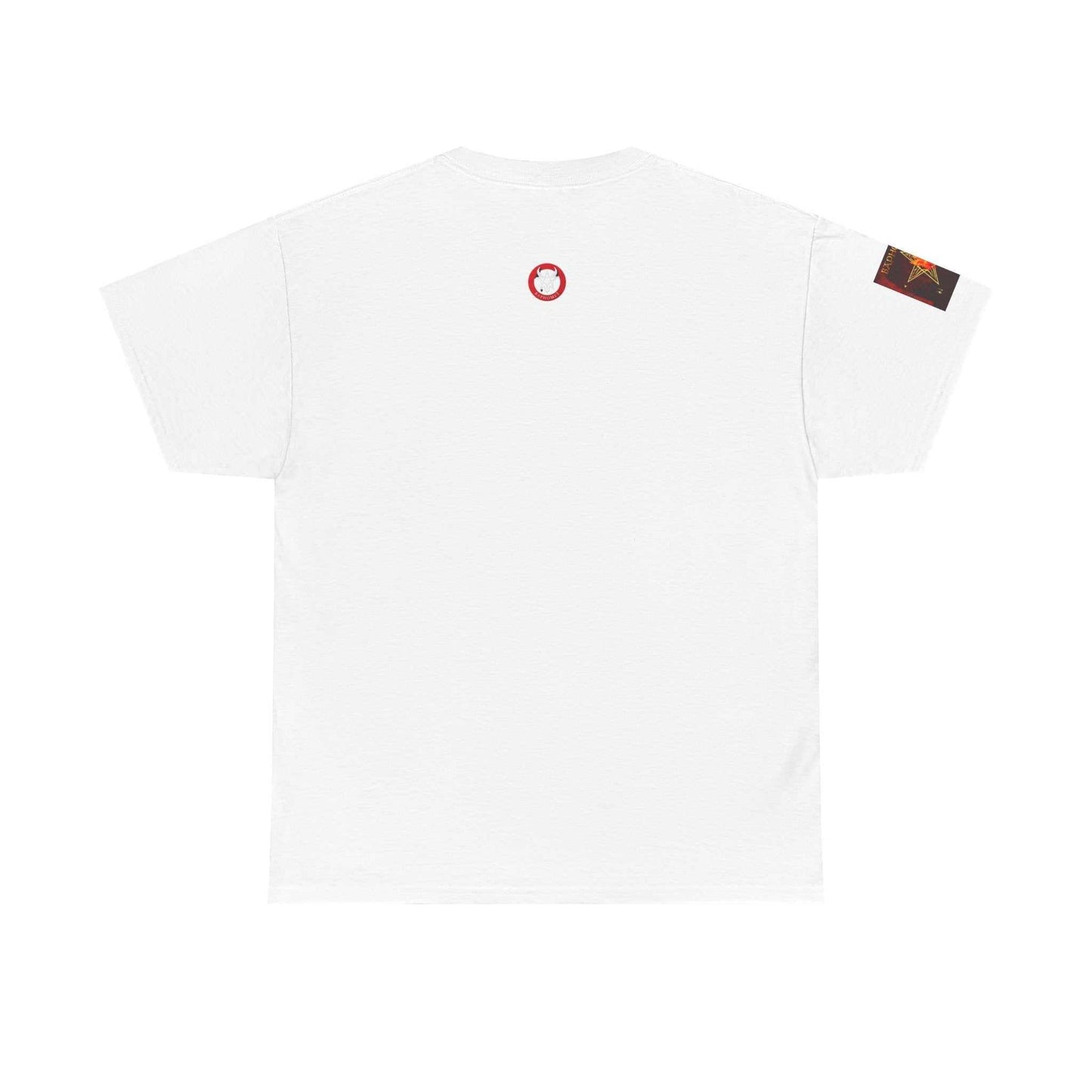 Red-to-black Baphomet Pentagram Tee with inverted pentagram graphic on cotton fabric