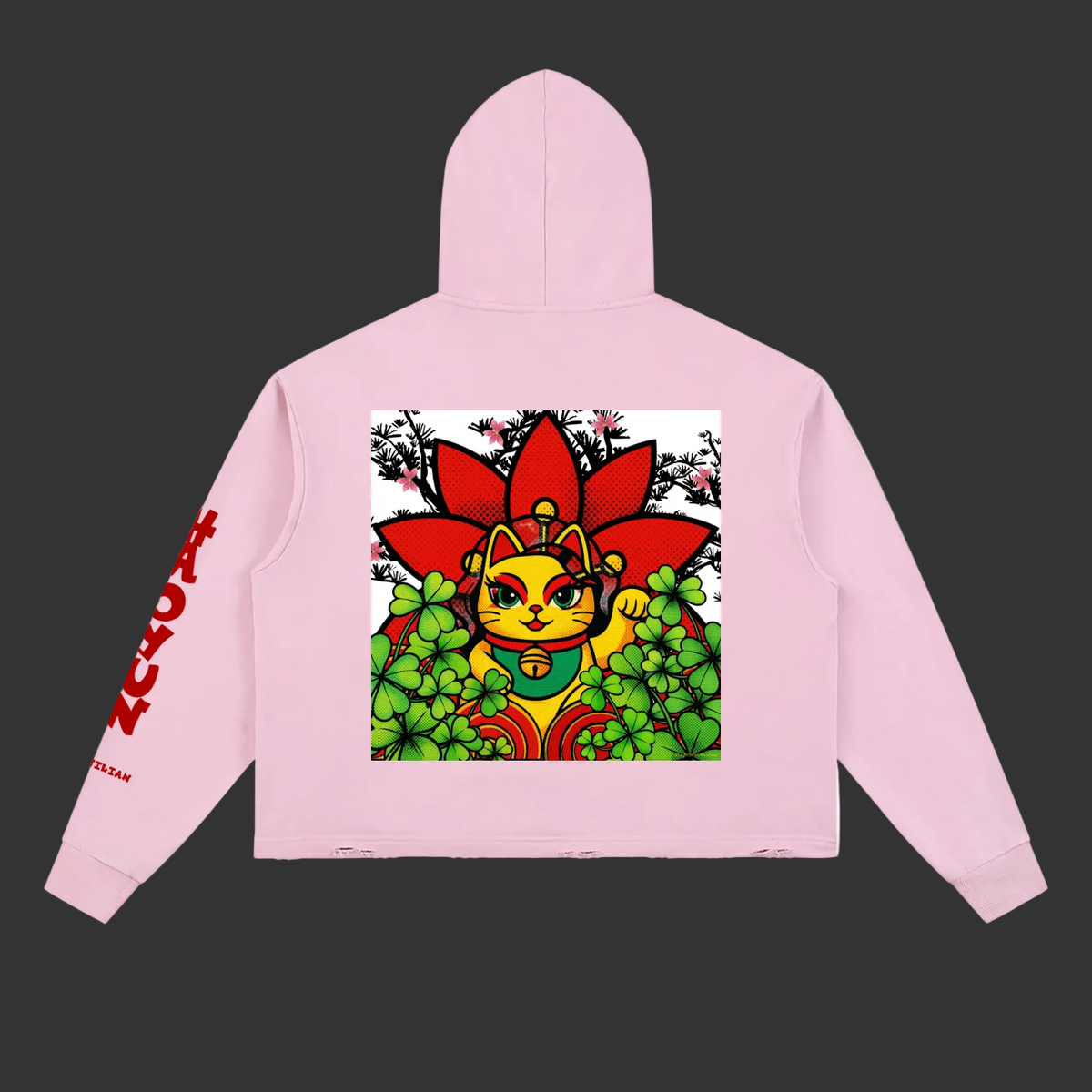 A light pink cropped hoodie shown from the back, featuring a large graphic print of a yellow maneki-neko cat surrounded by red lotus petals and green leaves, with red text printed down one sleeve.