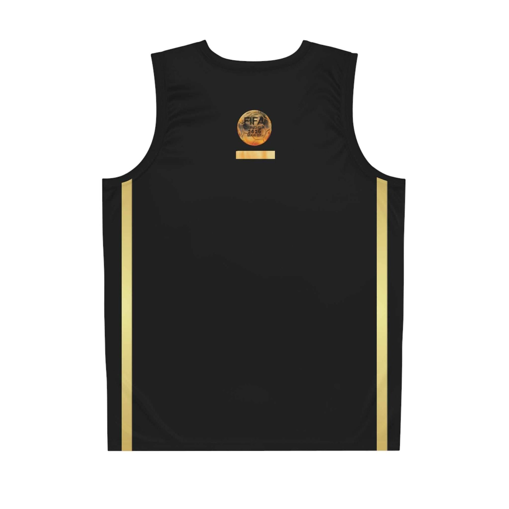 Miami Gold on Black basketball jersey with double gold stripes inspired by FIFA World Cup 2026