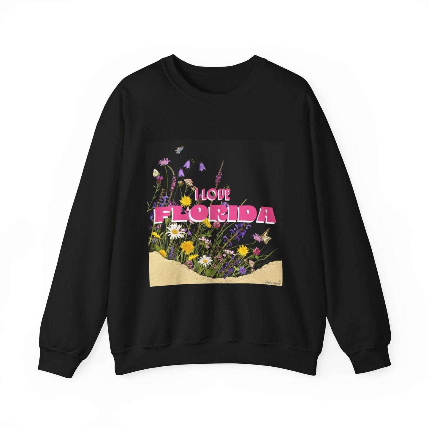 Black I Love Florida crewneck sweatshirt with pink floral design and soft lettering