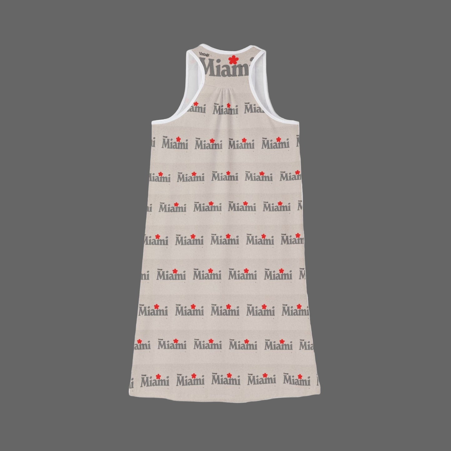 Beige sleeveless dress with 'Vintage Miami' monogram print on a white background
